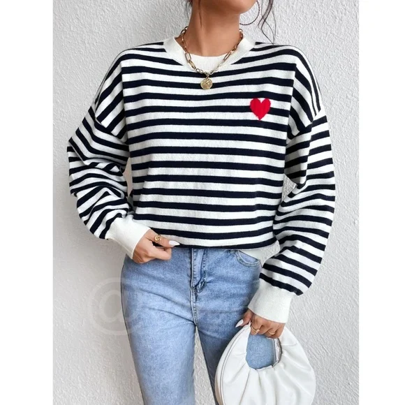 Striped Navy and White with Red Heart Pullover Knit Sweater Crewneck - Picture 4 of 9